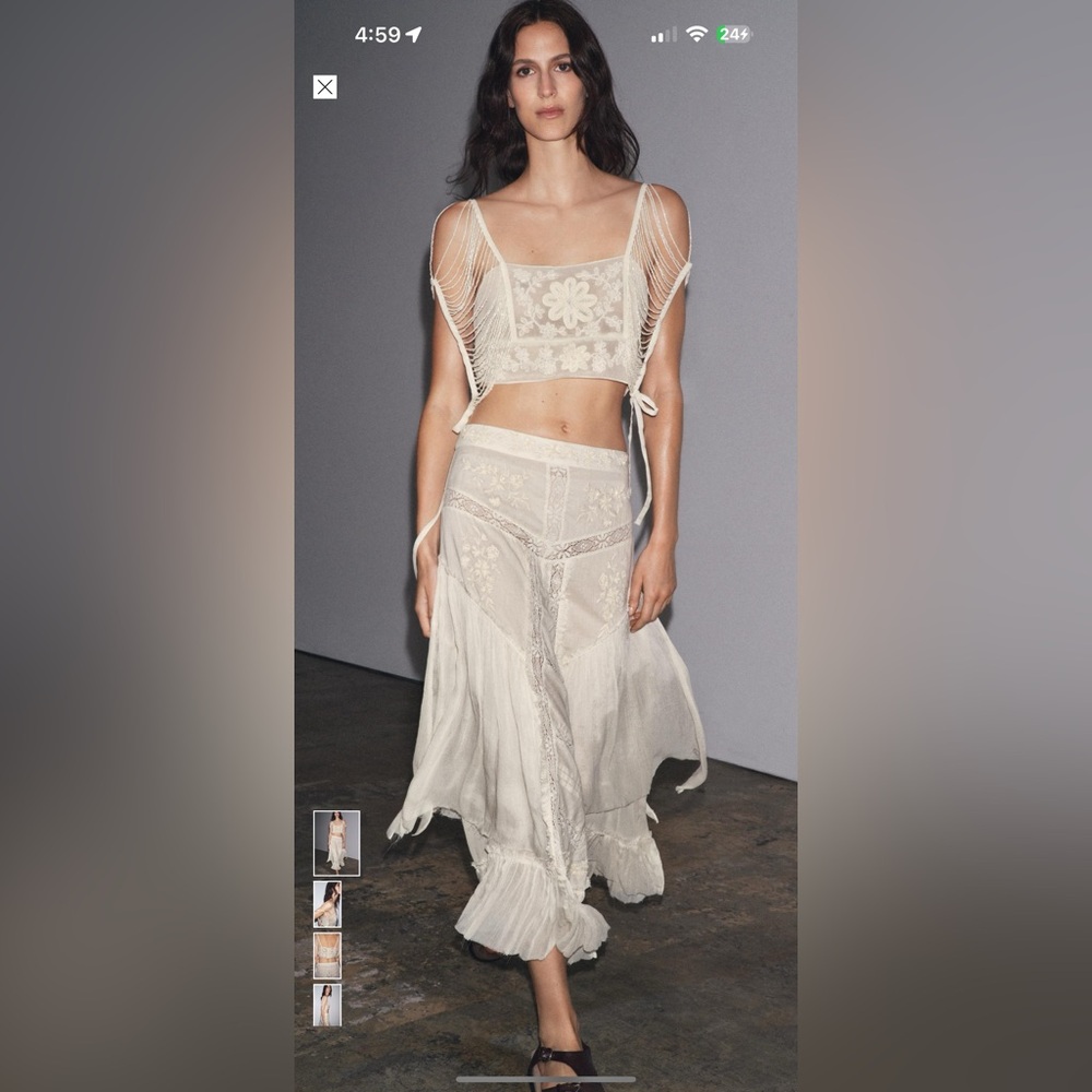 Zara Limited Edition Embroidered Lace Skirt and Fringe Top - M